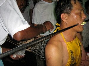 Taoist Priest with Spear Rod and Hooks Penang Nine Emperor Gods Festivals Taoist Priest with Spear Rod and Hooks Penang Nine Emperor Gods Festivals