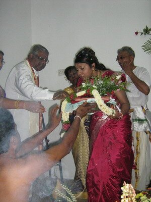 Bride receiving the Engagement Sari in Malaysian Indian Engagement