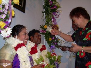 Grand Aunt Bok Sun blessing the couple in Malaysian Indian Engagement Grand Aunt Bok Sun blessing the couple in Malaysian Indian Engagement