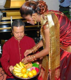 Preparing the Thali for blessing in Penang Preparing the Thali for blessing in Penang