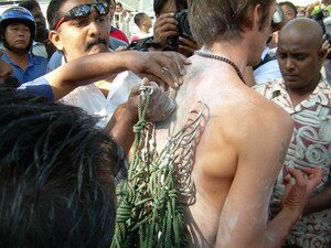 Love back being skewered in Thaipusam Penang Love back being skewered in Thaipusam Penang
